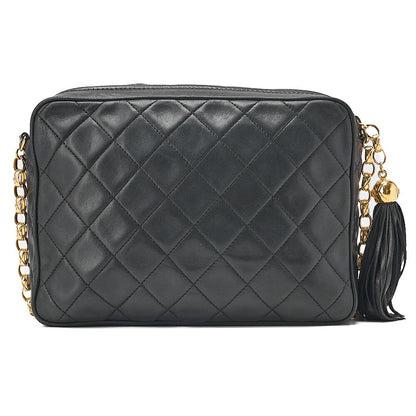 CHANEL Lambskin Matelasse Outside Flap with Fringe Bijou Chain Shoulder Black Gold-Tone Hardware, Pre-Owned