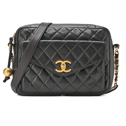 CHANEL Lambskin Matelasse Outside Flap Ball Charm Chain Shoulder Black Gold-Tone Hardware, Pre-Owned
