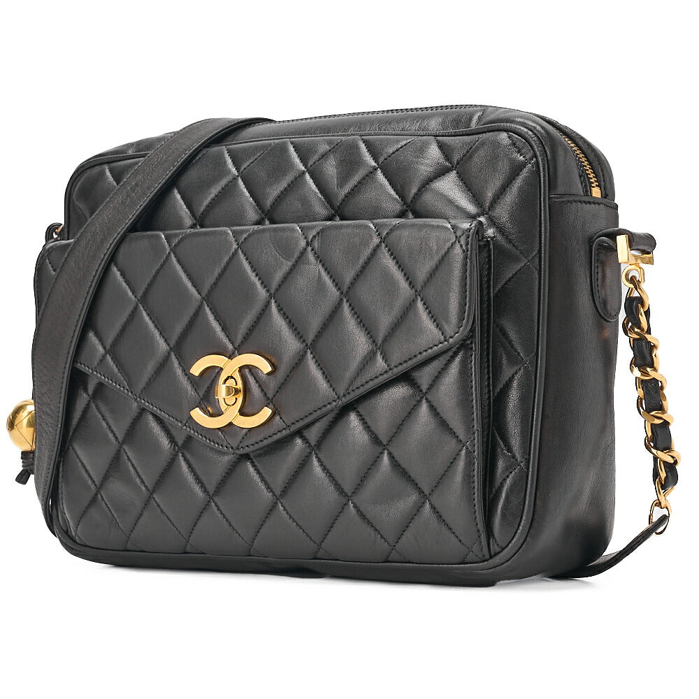 CHANEL Lambskin Matelasse Outside Flap Ball Charm Chain Shoulder Black Gold-Tone Hardware, Pre-Owned