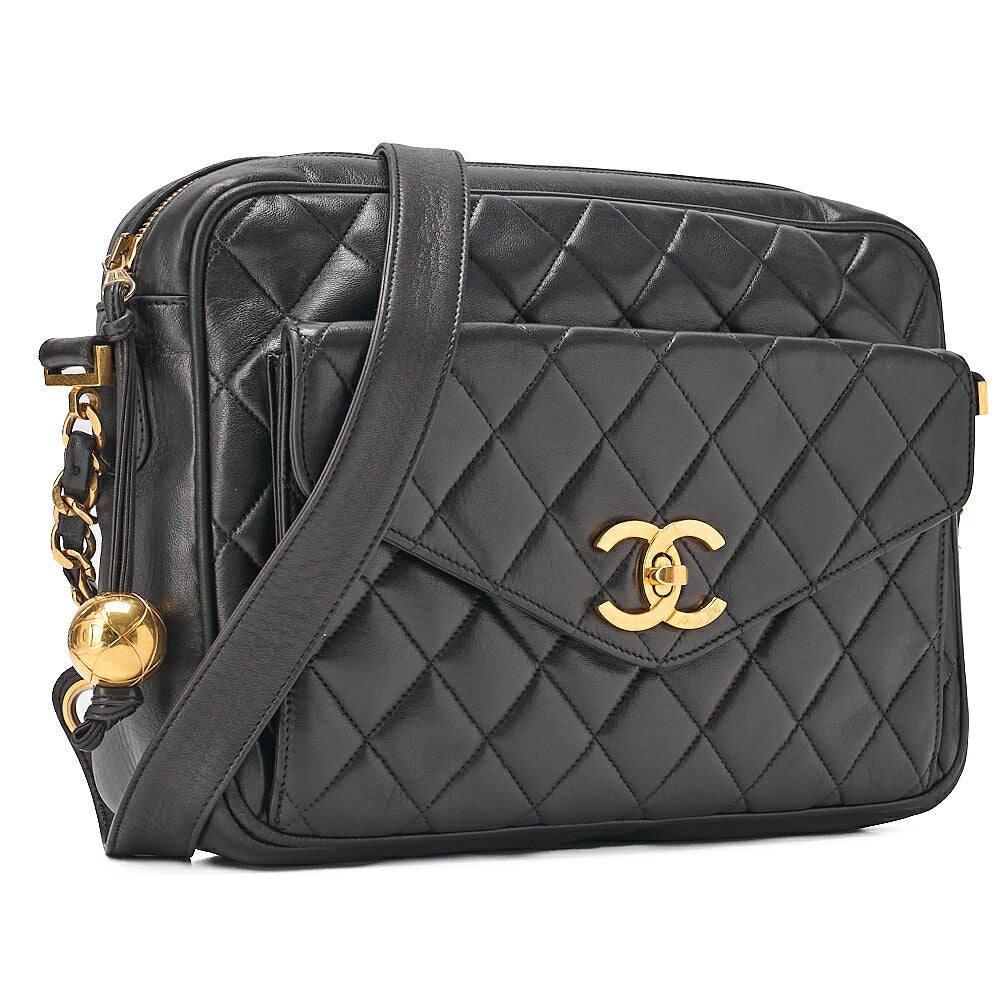 CHANEL Lambskin Matelasse Outside Flap Ball Charm Chain Shoulder Black Gold-Tone Hardware, Pre-Owned