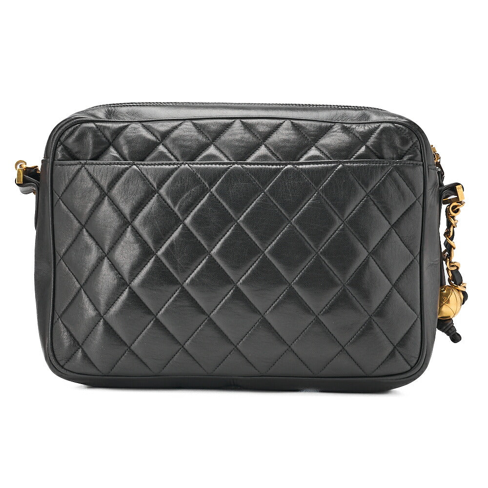CHANEL Lambskin Matelasse Outside Flap Ball Charm Chain Shoulder Black Gold-Tone Hardware, Pre-Owned