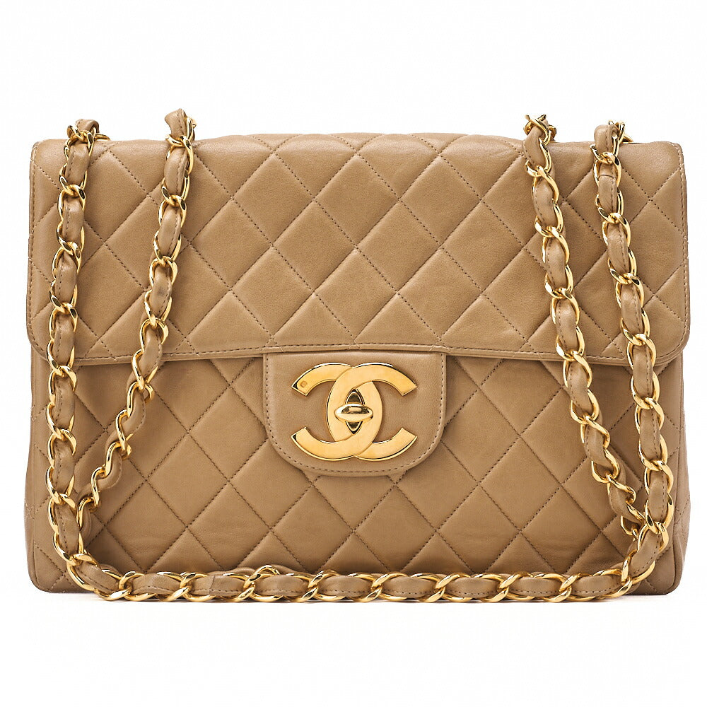 CHANEL Deka Matelasse 30 Single Chain Shoulder Bag Lambskin Beige Gold-Tone Hardware, Pre-Owned