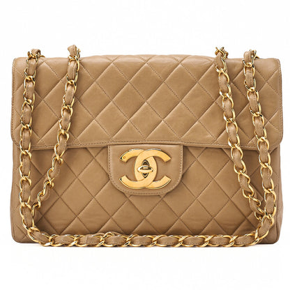 CHANEL Deka Matelasse 30 Single Chain Shoulder Bag Lambskin Beige Gold-Tone Hardware, Pre-Owned