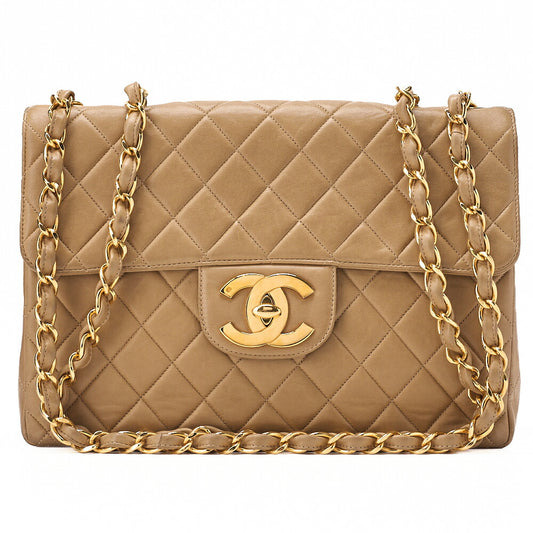 CHANEL Deka Matelasse 30 Single Chain Shoulder Bag Lambskin Beige Gold-Tone Hardware, Pre-Owned