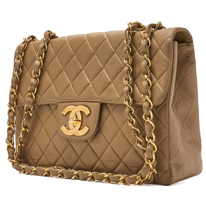 CHANEL Deka Matelasse 30 Single Chain Shoulder Bag Lambskin Beige Gold-Tone Hardware, Pre-Owned