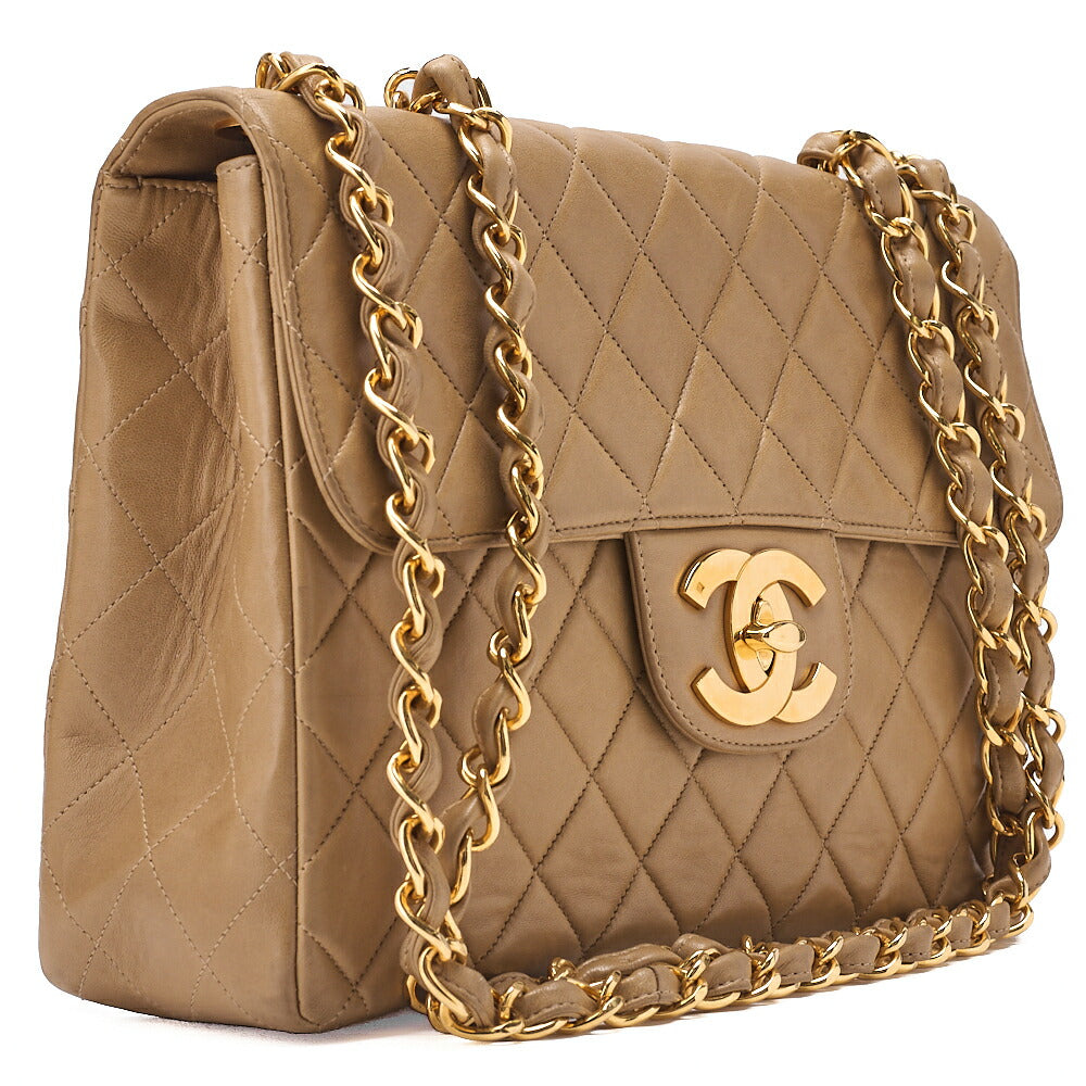 CHANEL Deka Matelasse 30 Single Chain Shoulder Bag Lambskin Beige Gold-Tone Hardware, Pre-Owned