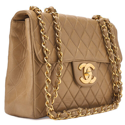 CHANEL Deka Matelasse 30 Single Chain Shoulder Bag Lambskin Beige Gold-Tone Hardware, Pre-Owned