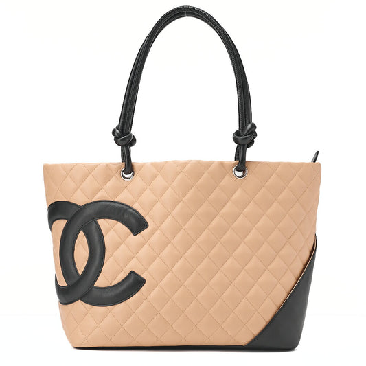 CHANEL Cambonline Calf Leather Tote Bag Beige x  Black Silver-Tone Hardware, Pre-Owned