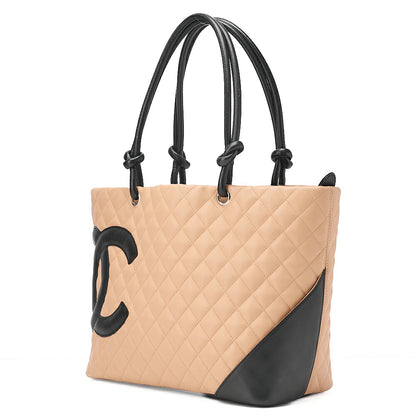 CHANEL Cambonline Calf Leather Tote Bag Beige x  Black Silver-Tone Hardware, Pre-Owned