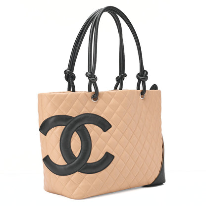 CHANEL Cambonline Calf Leather Tote Bag Beige x  Black Silver-Tone Hardware, Pre-Owned