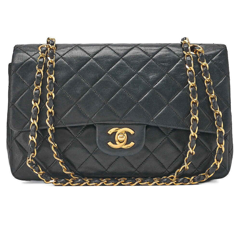CHANEL Lambskin Matelasse 25cm Double Flap Chain Shoulder Black Gold-Tone Hardware, Pre-Owned
