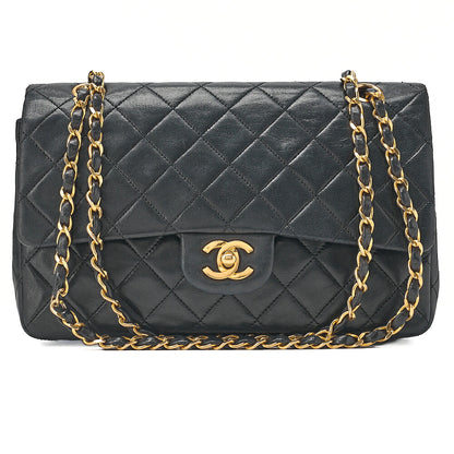 CHANEL Lambskin Matelasse 25cm Double Flap Chain Shoulder Black Gold-Tone Hardware, Pre-Owned