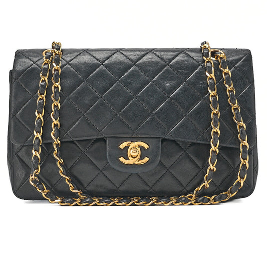 CHANEL Lambskin Matelasse 25cm Double Flap Chain Shoulder Black Gold-Tone Hardware, Pre-Owned