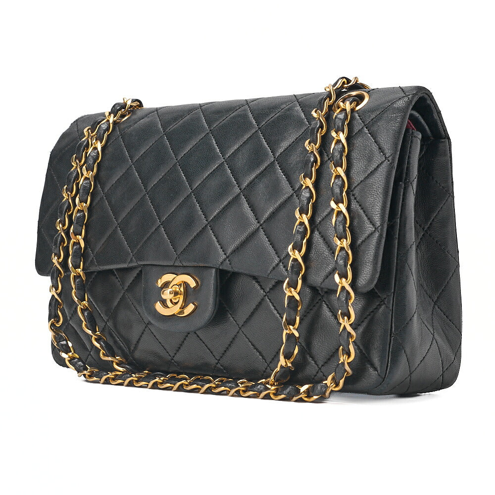 CHANEL Lambskin Matelasse 25cm Double Flap Chain Shoulder Black Gold-Tone Hardware, Pre-Owned