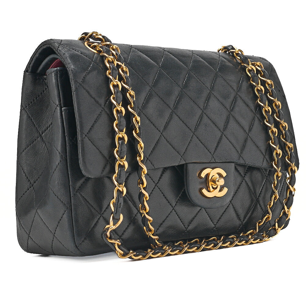 CHANEL Lambskin Matelasse 25cm Double Flap Chain Shoulder Black Gold-Tone Hardware, Pre-Owned