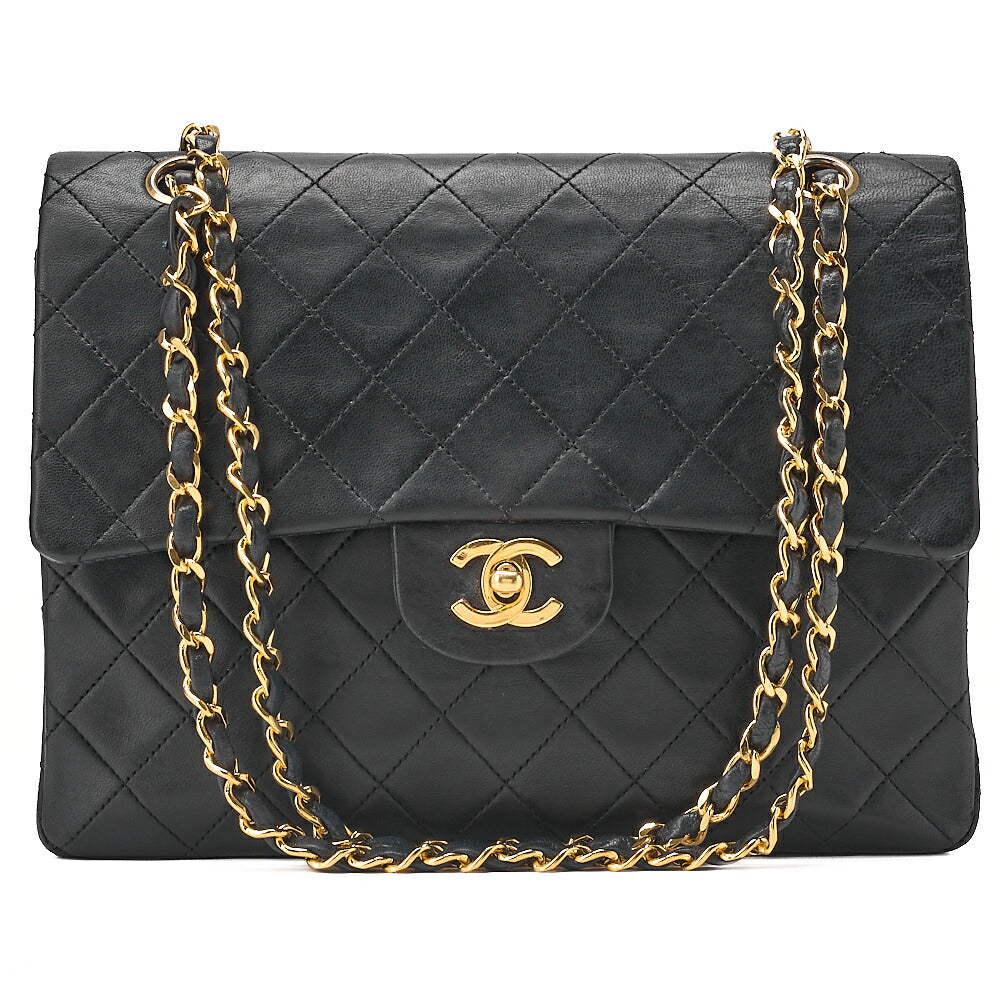 CHANEL Lambskin Matelasse 25cm Square Double Flap Chain Shoulder Black Gold-Tone Hardware, Pre-Owned