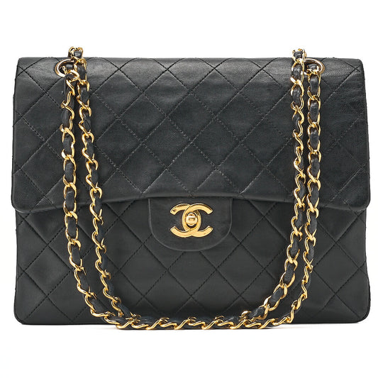 CHANEL Lambskin Matelasse 25cm Square Double Flap Chain Shoulder Black Gold-Tone Hardware, Pre-Owned