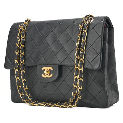 CHANEL Lambskin Matelasse 25cm Square Double Flap Chain Shoulder Black Gold-Tone Hardware, Pre-Owned