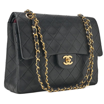 CHANEL Lambskin Matelasse 25cm Square Double Flap Chain Shoulder Black Gold-Tone Hardware, Pre-Owned