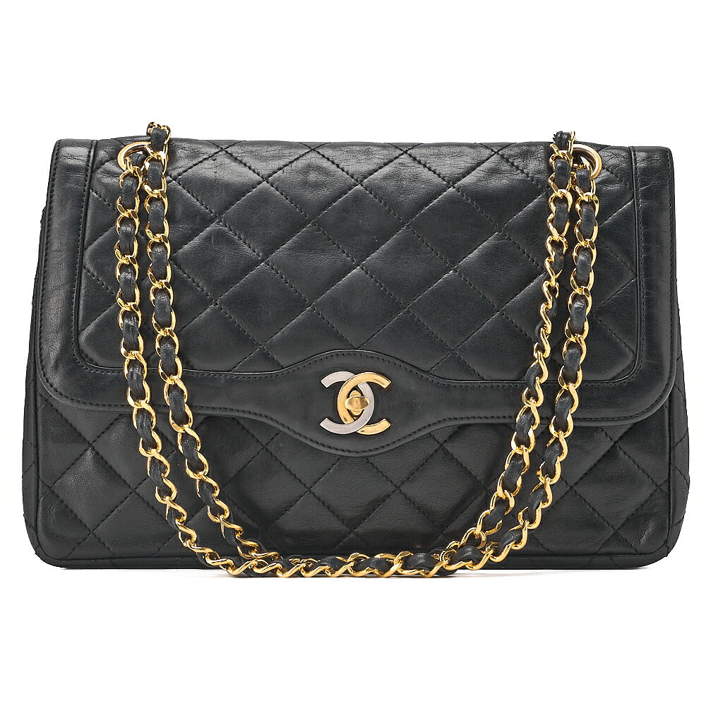 CHANEL Lambskin Matelasse Paris Limited Double Flap Chain Shoulder Bag Black Gold x Silver-Tone Hardware, Pre-Owned