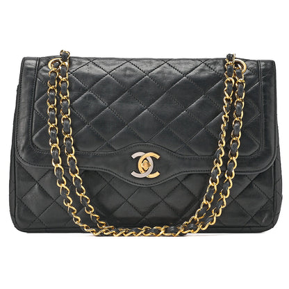CHANEL Lambskin Matelasse Paris Limited Double Flap Chain Shoulder Bag Black Gold x Silver-Tone Hardware, Pre-Owned