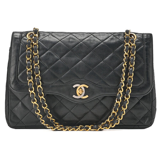 CHANEL Lambskin Matelasse Paris Limited Double Flap Chain Shoulder Bag Black Gold x Silver-Tone Hardware, Pre-Owned
