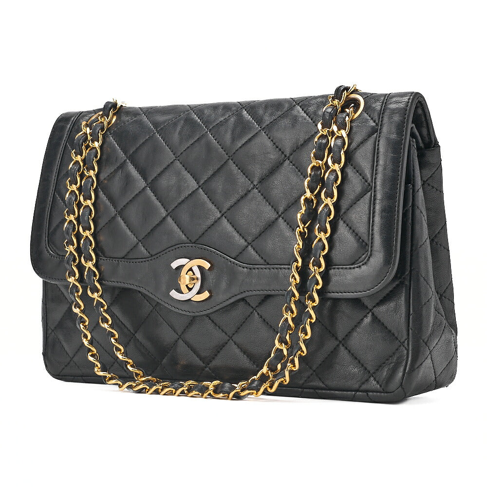 CHANEL Lambskin Matelasse Paris Limited Double Flap Chain Shoulder Bag Black Gold x Silver-Tone Hardware, Pre-Owned
