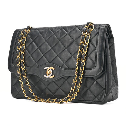 CHANEL Lambskin Matelasse Paris Limited Double Flap Chain Shoulder Bag Black Gold x Silver-Tone Hardware, Pre-Owned