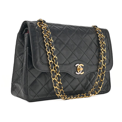 CHANEL Lambskin Matelasse Paris Limited Double Flap Chain Shoulder Bag Black Gold x Silver-Tone Hardware, Pre-Owned