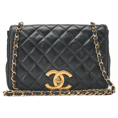 CHANEL Matelasse Deka Coco Full Flap Single Turn Lock Chain Shoulder Lambskin Black Gold-Tone Hardware, Pre-Owned
