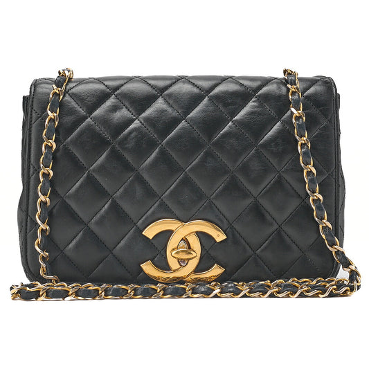CHANEL Matelasse Deka Coco Full Flap Single Turn Lock Chain Shoulder Lambskin Black Gold-Tone Hardware, Pre-Owned