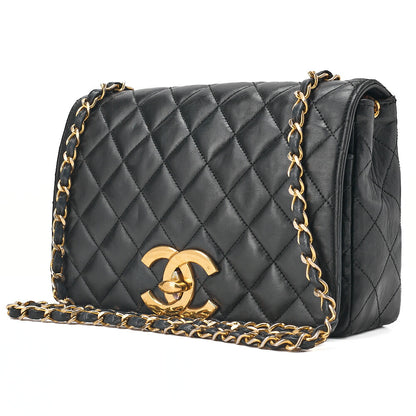 CHANEL Matelasse Deka Coco Full Flap Single Turn Lock Chain Shoulder Lambskin Black Gold-Tone Hardware, Pre-Owned