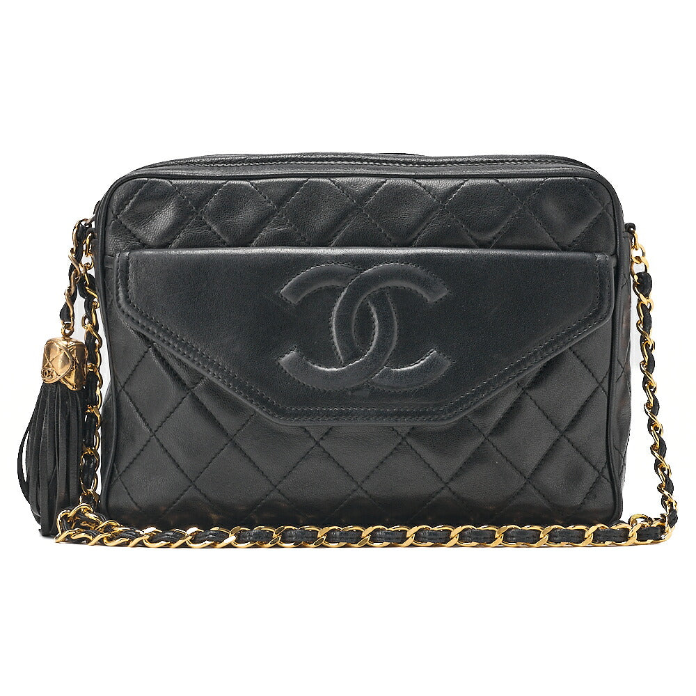 CHANEL Lambskin Matelasse Coco Mark Fringe Chain Shoulder Black Gold-Tone Hardware, Pre-Owned