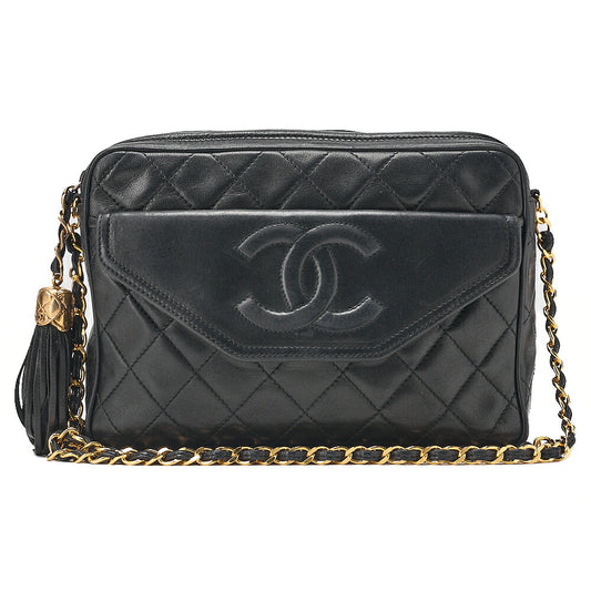 CHANEL Lambskin Matelasse Coco Mark Fringe Chain Shoulder Black Gold-Tone Hardware, Pre-Owned