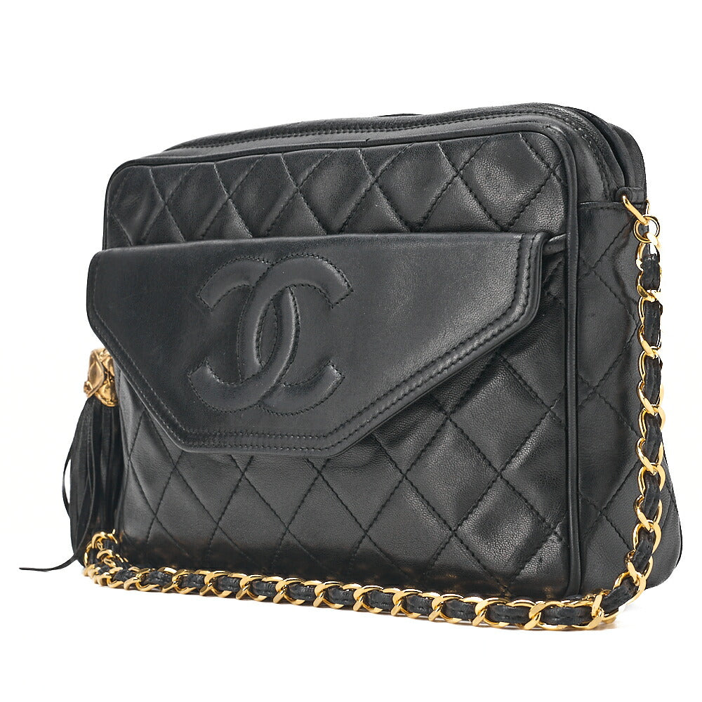 CHANEL Lambskin Matelasse Coco Mark Fringe Chain Shoulder Black Gold-Tone Hardware, Pre-Owned