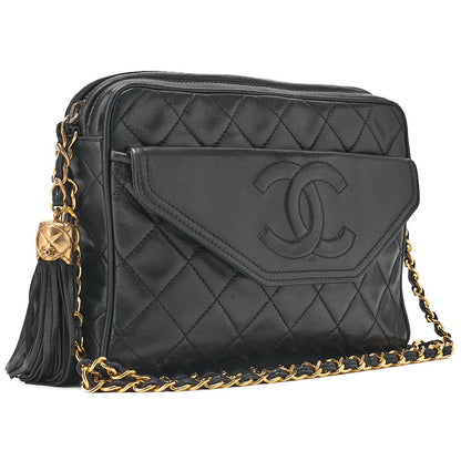 CHANEL Lambskin Matelasse Coco Mark Fringe Chain Shoulder Black Gold-Tone Hardware, Pre-Owned