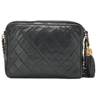 CHANEL Lambskin Matelasse Coco Mark Fringe Chain Shoulder Black Gold-Tone Hardware, Pre-Owned