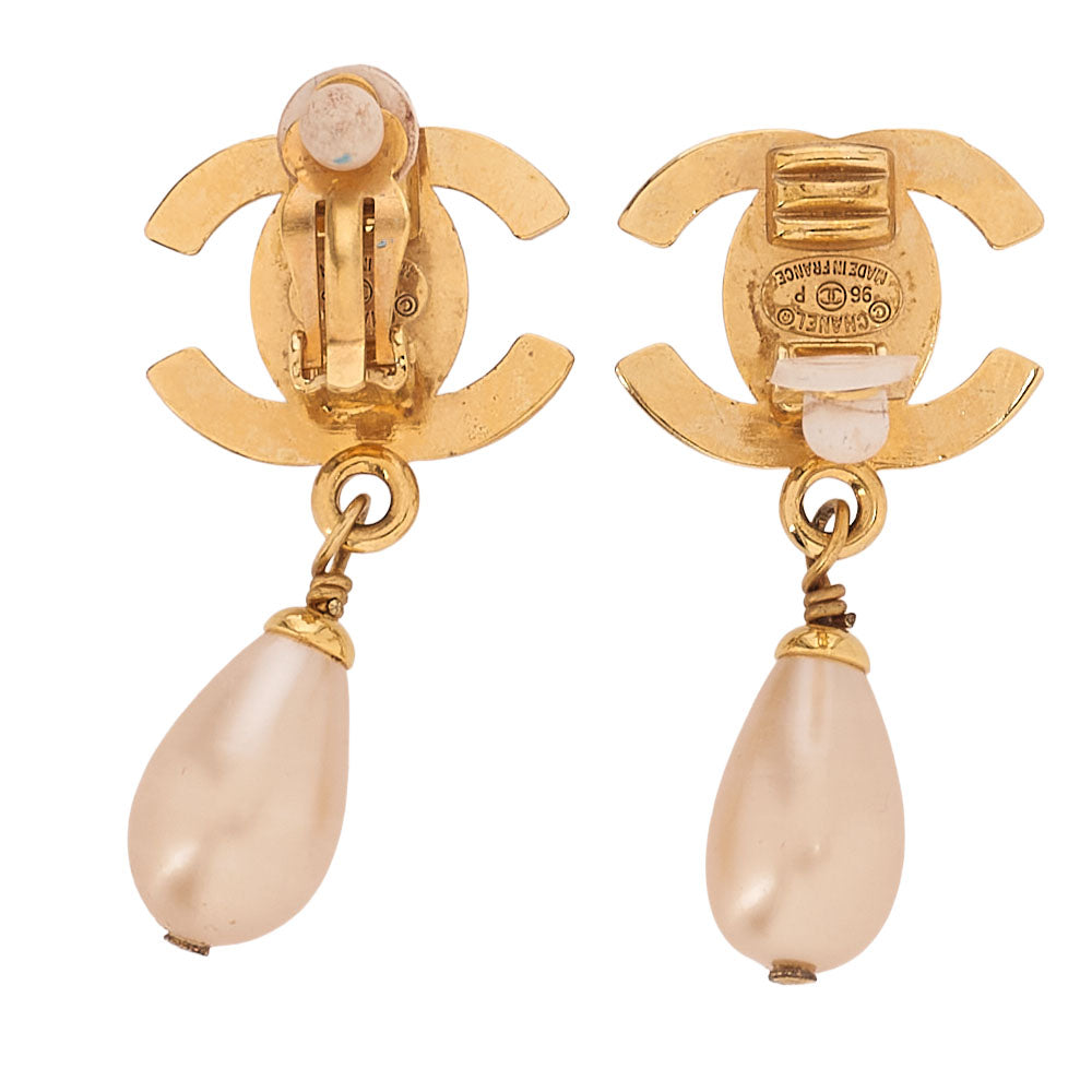CHANEL Earrings Coco Mark 96P GP x Faux Pearl Gold (Gold Plated)-Tone Hardware, Pre-Owned