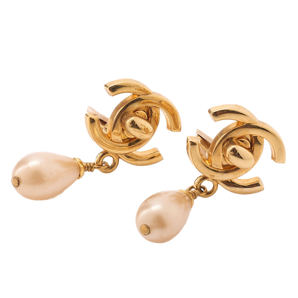 CHANEL Earrings Coco Mark 96P GP x Faux Pearl Gold (Gold Plated)-Tone Hardware, Pre-Owned