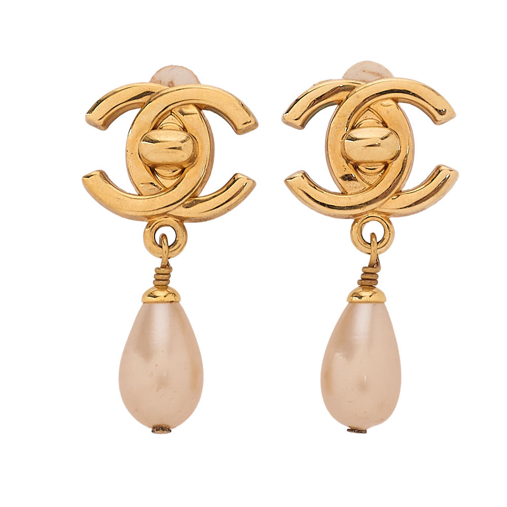 CHANEL Earrings Coco Mark 96P GP x Faux Pearl Gold (Gold Plated)-Tone Hardware, Pre-Owned