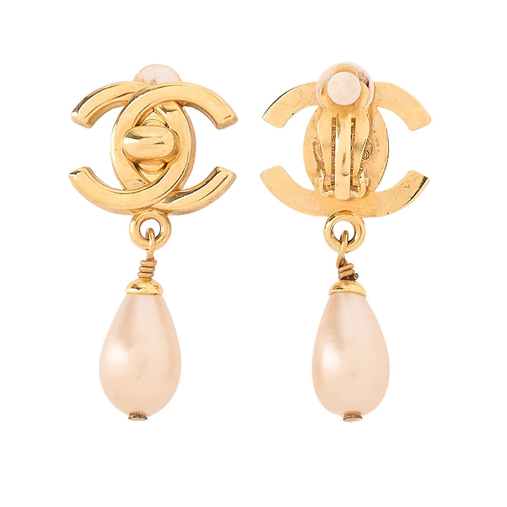 CHANEL Earrings Coco Mark 96P GP x Faux Pearl Gold (Gold Plated)-Tone Hardware, Pre-Owned
