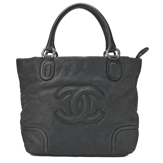 CHANEL Caviar Skin Deka Coco Mark Handbag Black Silver-Tone Hardware, Pre-Owned
