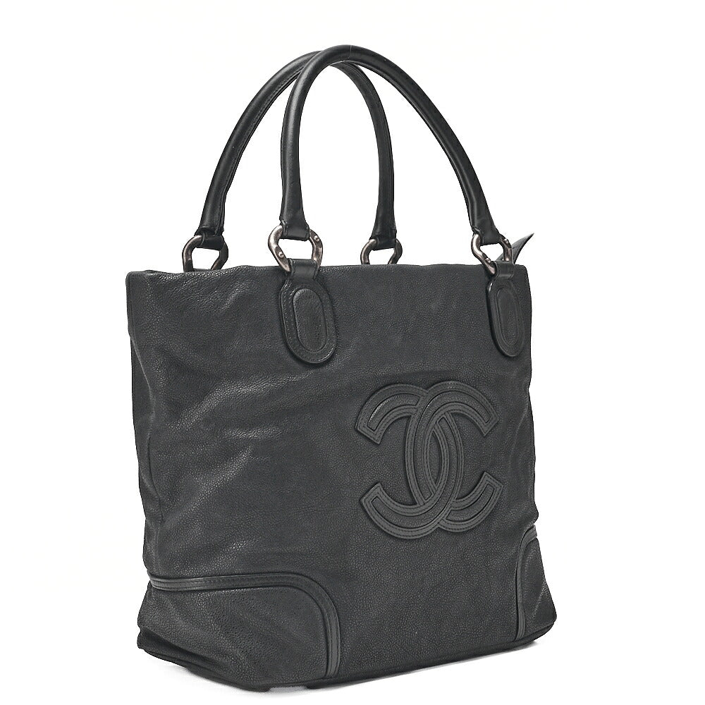 CHANEL Caviar Skin Deka Coco Mark Handbag Black Silver-Tone Hardware, Pre-Owned