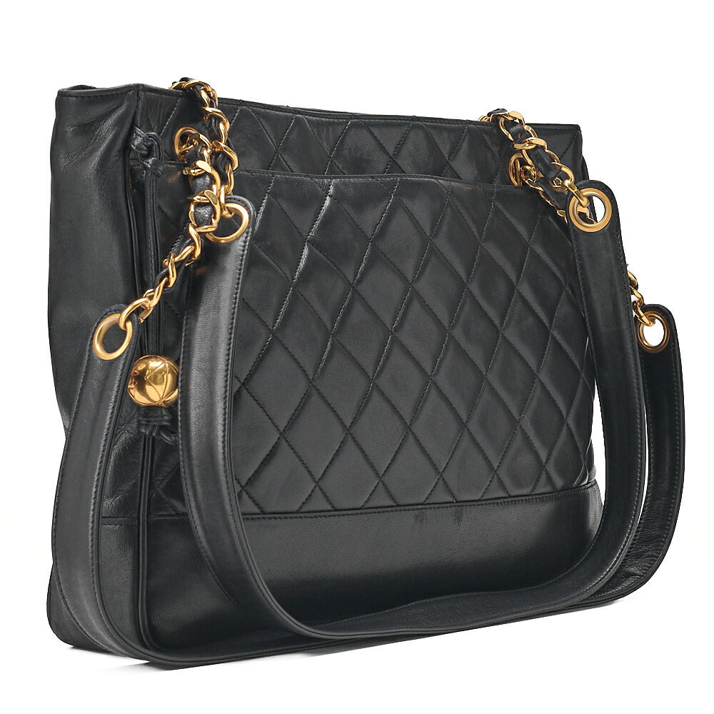 CHANEL Matelasse Chain Shoulder with Ball Charm Lambskin Black Gold-Tone Hardware, Pre-Owned