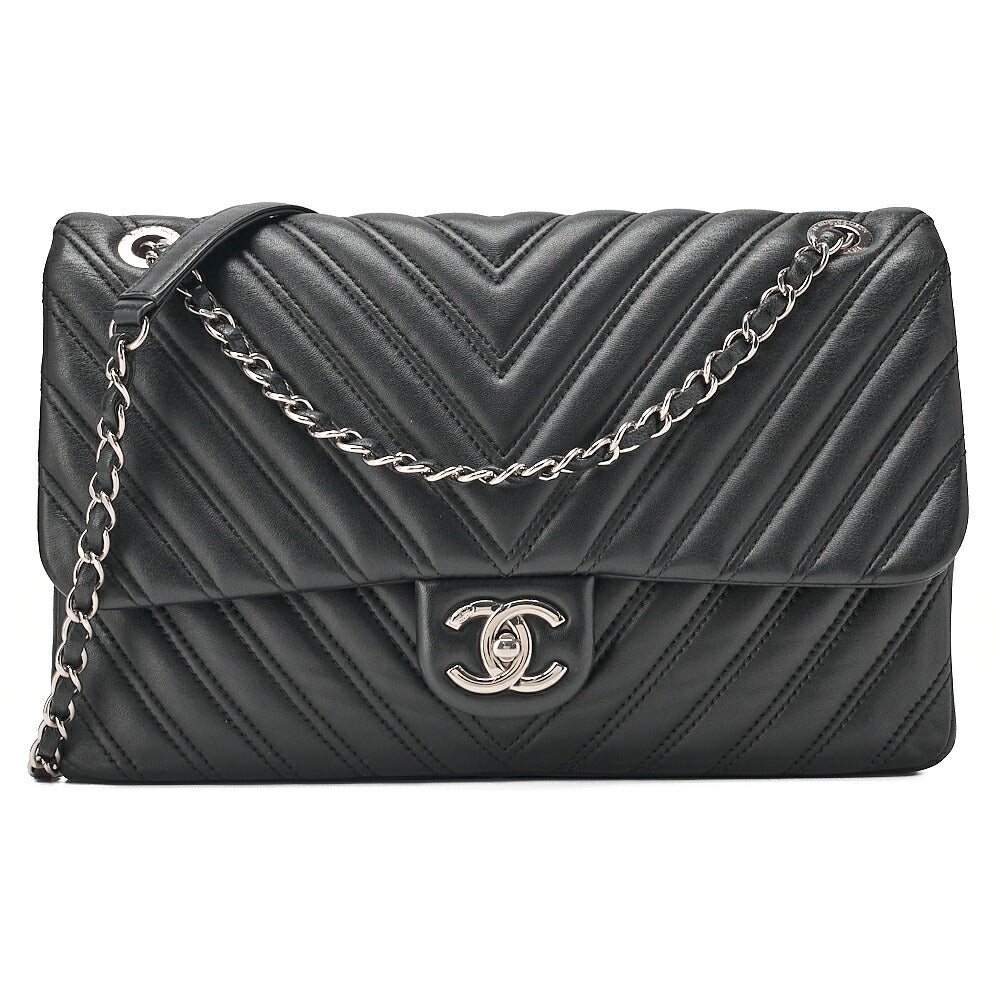 CHANEL Lambskin V-Stitch S Flap Turn Lock W Chain Shoulder Bag Black Silver-Tone Hardware, Pre-Owned