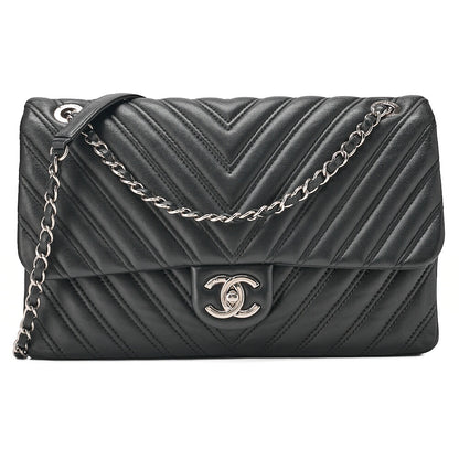 CHANEL Lambskin V-Stitch S Flap Turn Lock W Chain Shoulder Bag Black Silver-Tone Hardware, Pre-Owned