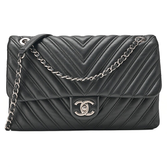 CHANEL Lambskin V-Stitch S Flap Turn Lock W Chain Shoulder Bag Black Silver-Tone Hardware, Pre-Owned