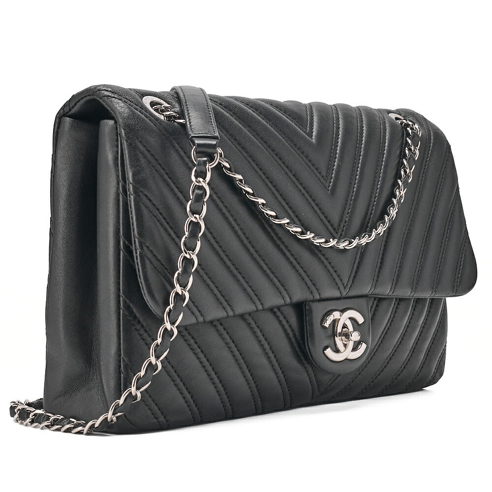 CHANEL Lambskin V-Stitch S Flap Turn Lock W Chain Shoulder Bag Black Silver-Tone Hardware, Pre-Owned