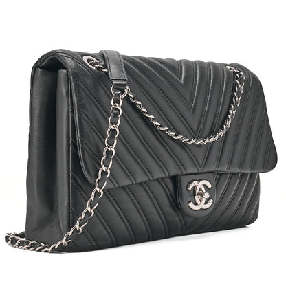 CHANEL Lambskin V-Stitch S Flap Turn Lock W Chain Shoulder Bag Black Silver-Tone Hardware, Pre-Owned