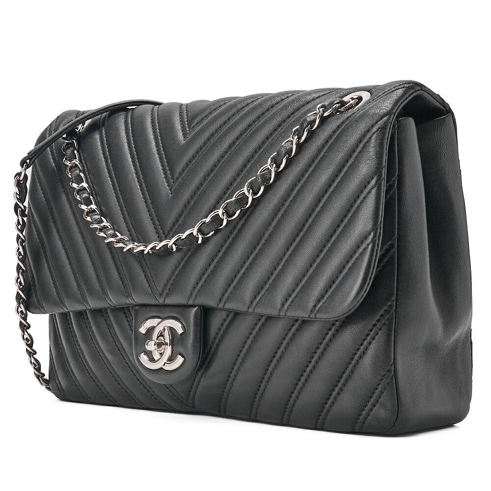CHANEL Lambskin V-Stitch S Flap Turn Lock W Chain Shoulder Bag Black Silver-Tone Hardware, Pre-Owned